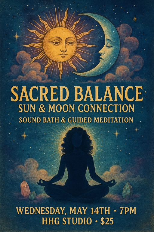 Sacred Balance: Sun and Moon Connection guided meditation with sound bowls and chimes, featuring a serene atmosphere for cosmic experience and healing energy.