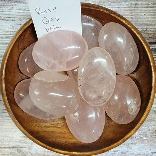 High Ho Gems and Crystals Rose Quartz palm stones, beautifully hand-polished from Madagascar, perfect for heart chakra healing and promoting unconditional love.