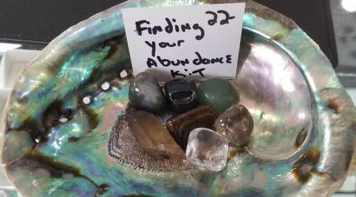 Crystal Kit - Finding Your Abundance, featuring Citrine, Aventurine, Tigers Eye, Clear Quartz, Smoky Quartz, and Obsidian for enhancing personal vibration and attracting abundance.