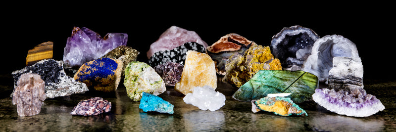An array of colorful and rare crystals offered in the Monthly Crystal Collection Subscription.
