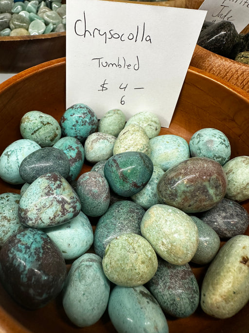 Chrysocolla Tumbled Stones - Healing, calming, and heart chakra balancing. These beautiful Chrysocolla tumbled stones showcase vibrant turquoise-blue colors, perfect for enhancing communication and emotional healing.